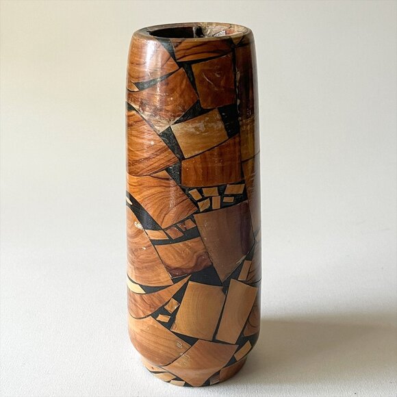 Vintage Segmented Wood Bud Vase MCM Rustic Mosaic Geometric Wood Art Boho Decor - Picture 1 of 6